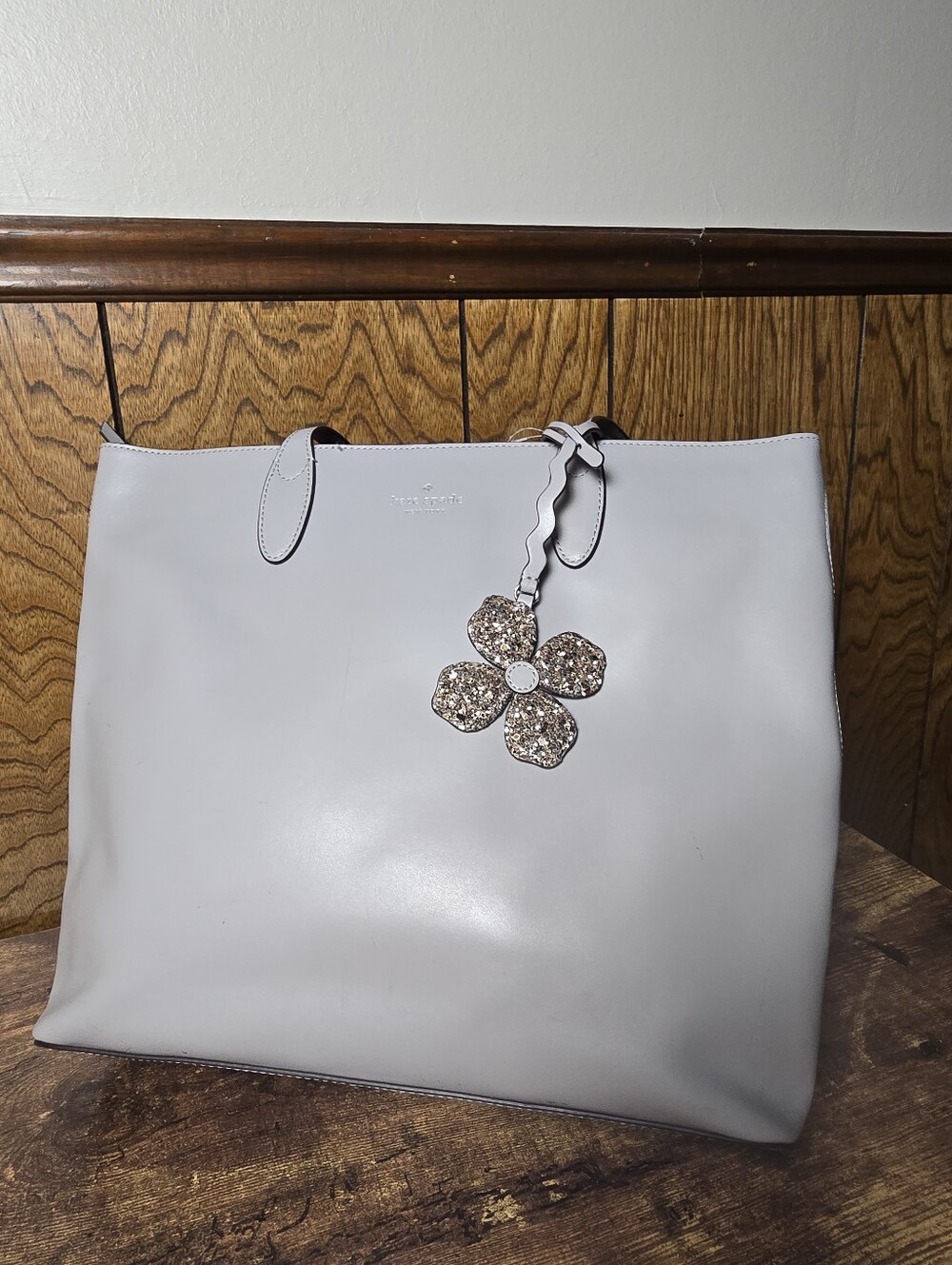 kate spade Light Gray Leather Tote with Floral Charm
